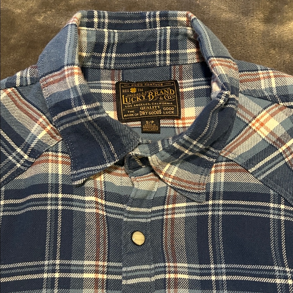 Lucky Brand Men's Navy and White Plaid Snap Shirt